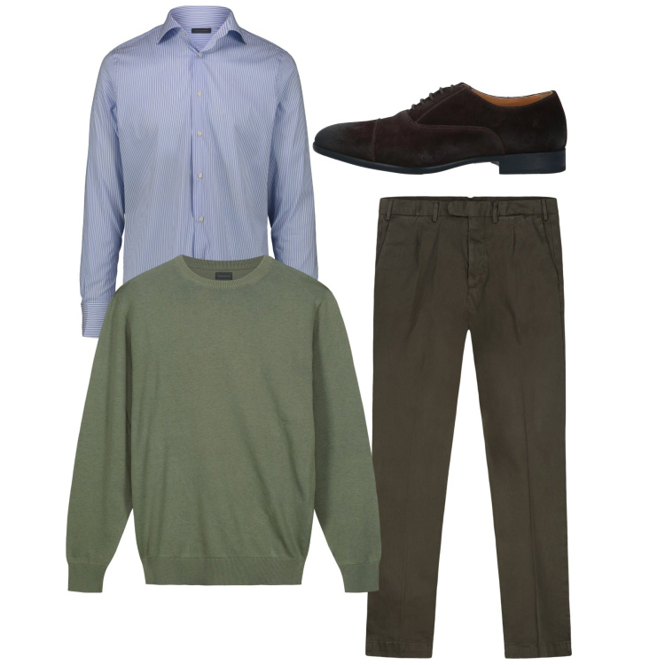 Outfit uomo - Verde salvia. Stile Casual per Tutti i giorni. Abbinamento con scarpe stringate, pantaloni, maglieria, camicie.