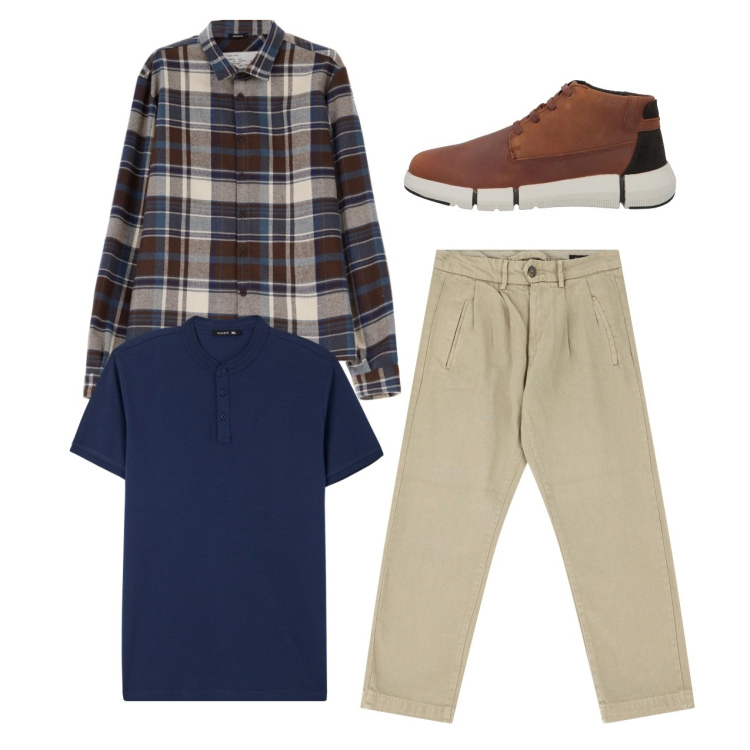 Outfit uomo - Blu e marrone. Stile Casual per Tutti i giorni. Abbinamento con sneakers alte, t-shirt, camicie, pantaloni.