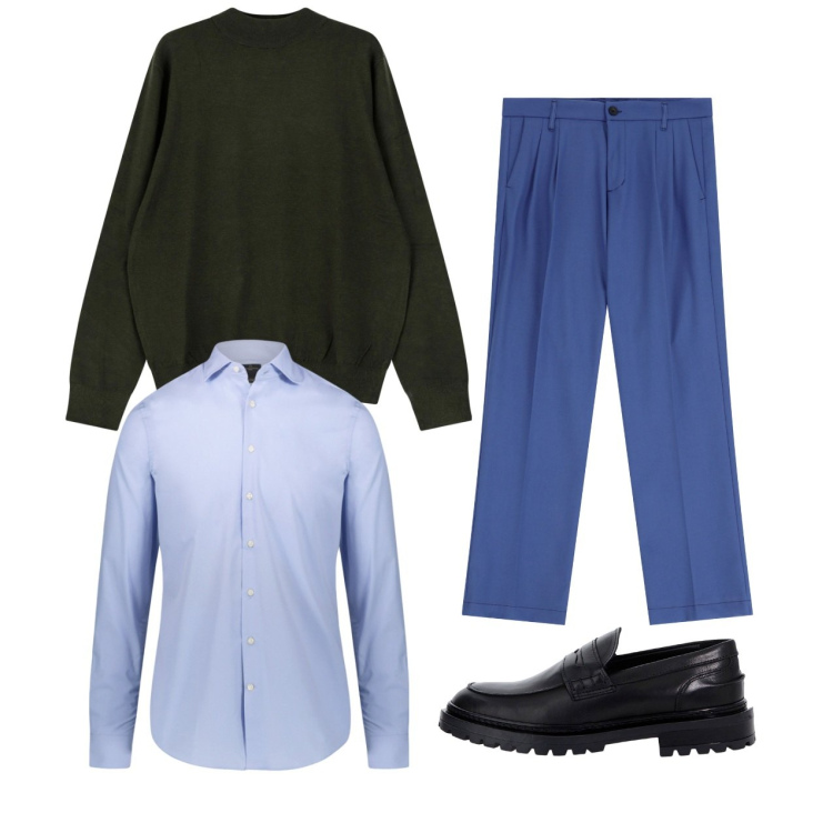 Outfit uomo - Nero e blu. Stile Trendy per Serata speciale. Abbinamento con pantaloni, scarpe stringate, maglieria, camicie.
