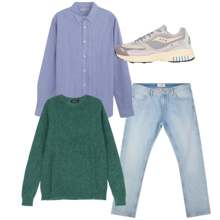Outfit uomo - Verde sui jeans. Stile Casual per Tutti i giorni. Abbinamento con sneakers, jeans, camicie, maglieria.