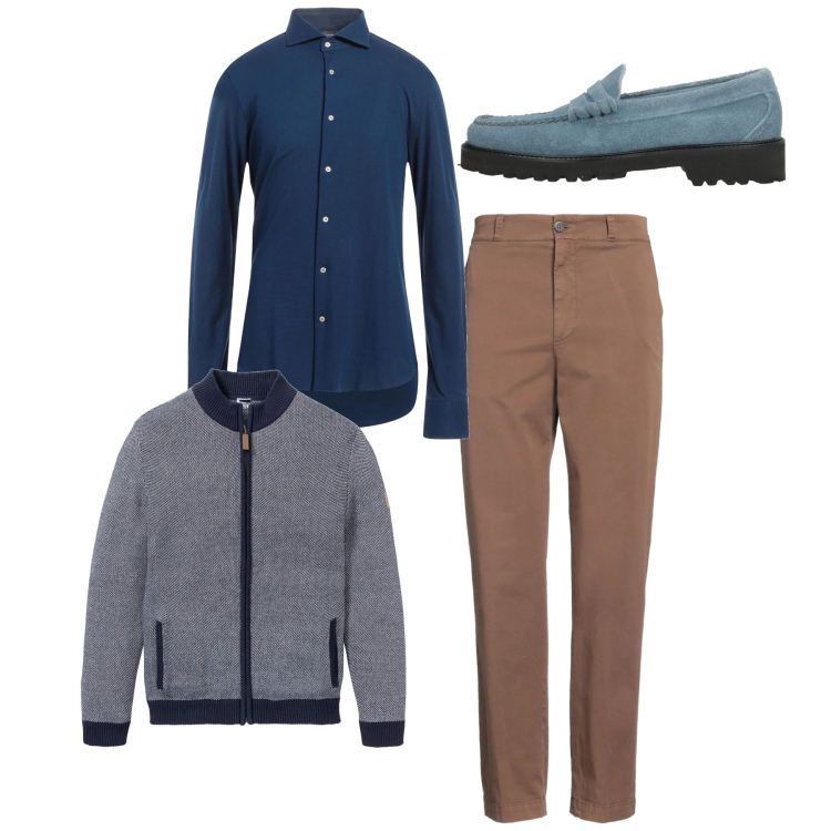 Outfit uomo - Primaverile. Stile Casual per Tutti i giorni. Abbinamento con cardigans, scarpe stringate, camicie, pantaloni chino.