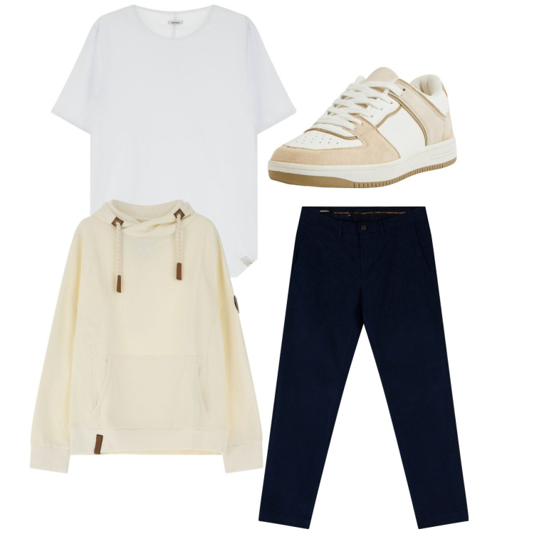 Outfit uomo - City. Stile Casual per Tutti i giorni. Abbinamento con sneakers, t-shirt, pantaloni chino, felpe con cappuccio.