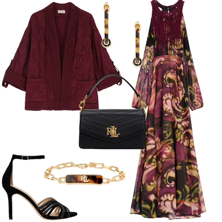 Outfit donna - Total look #2082971. Stile Etnico per Serata fuori. Abbinamento con vestiti lunghi, giacche, braccialetti, borse a tracolla, orecchini, sandali in pelle.