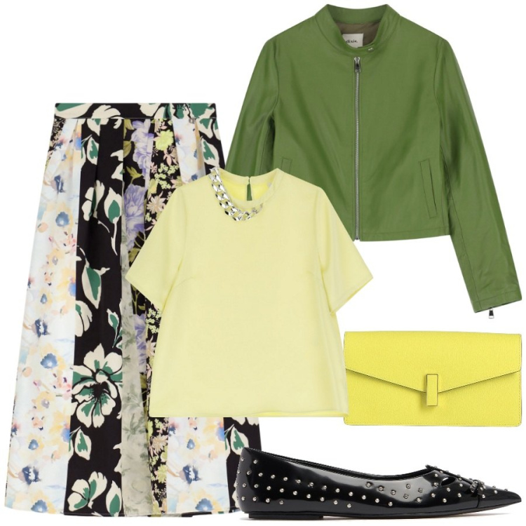 Outfit donna - Perfetta in primavera. Stile Chic per Ufficio. Abbinamento con borse a mano, t-shirt, giacche, gonne lunghe, ballerine.