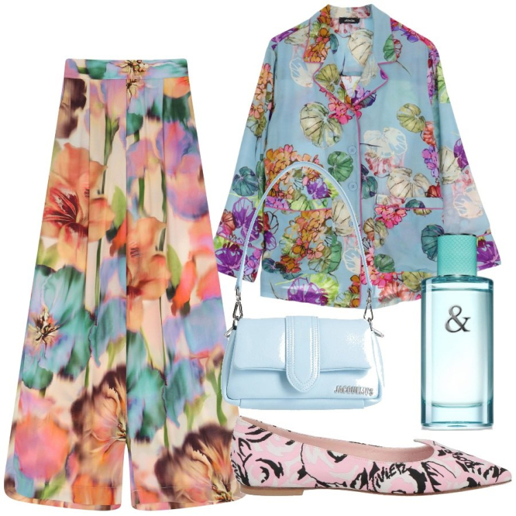 Outfit donna - Flower power. Stile Chic per Serata fuori. Abbinamento con ballerine, borse a mano, profumi, camicie, pantaloni a palazzo.