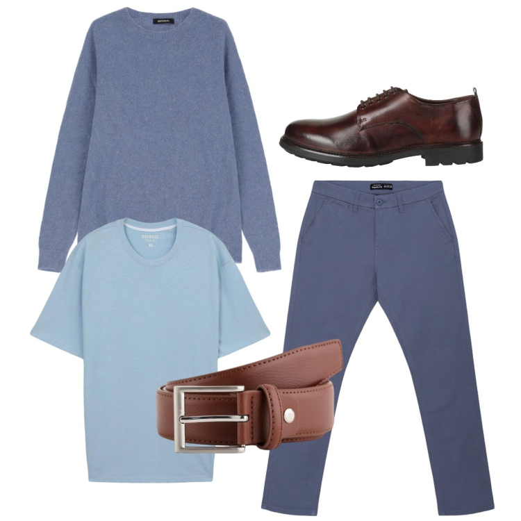 Outfit uomo - Springtime. Stile Casual per Tutti i giorni. Abbinamento con scarpe stringate, t-shirt, pantaloni chino, maglieria, cinture.