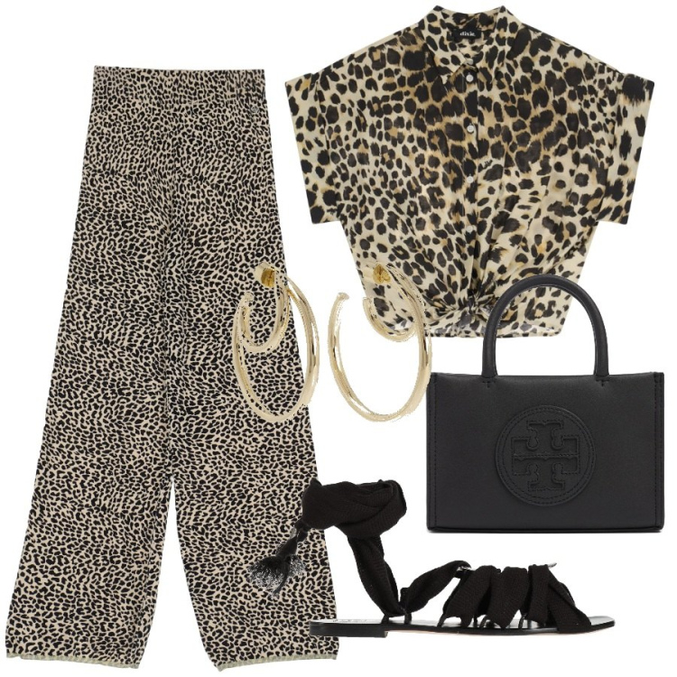 Outfit donna - Jungle city. Stile Trendy per Tutti i giorni. Abbinamento con infradito, pantaloni, camicie a manica corta, orecchini, shopping bag.