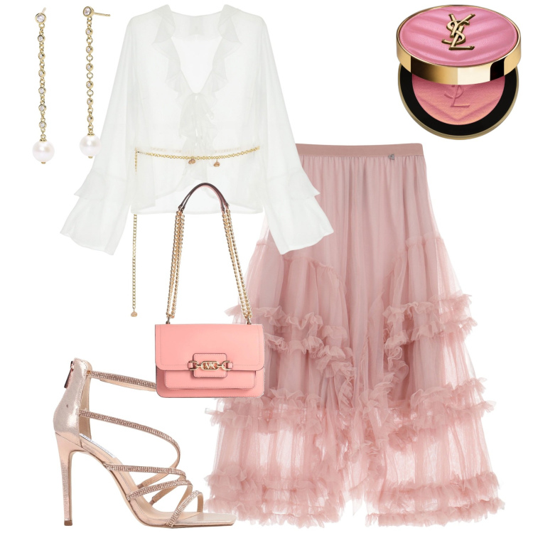 Outfit donna - So glam. Stile Glamour per Serata fuori. Abbinamento con sandali col tacco, borse a spalla, blush, orecchini, bluse, gonne lunghe.