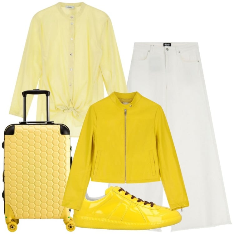 Outfit donna - In viaggio. Stile Casual chic per Tutti i giorni. Abbinamento con sneakers, giacche, jeans, camicie, valigie.