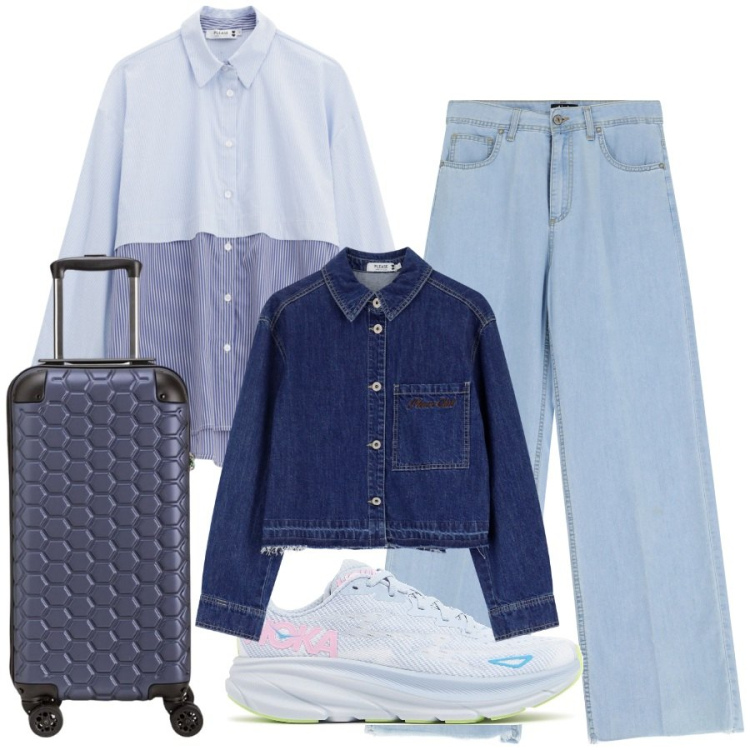 Outfit donna - In viaggio. Stile Casual chic per Tutti i giorni. Abbinamento con blazer, camicie, jeans, valigie, sneakers.
