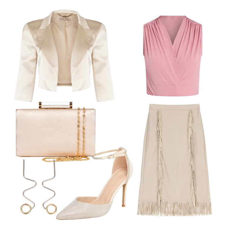 Outfit donna - Chic in rosa. per Cerimonia. Abbinamento con décolleté, canottiere, bolero, clutch, gonne longuette, orecchini.