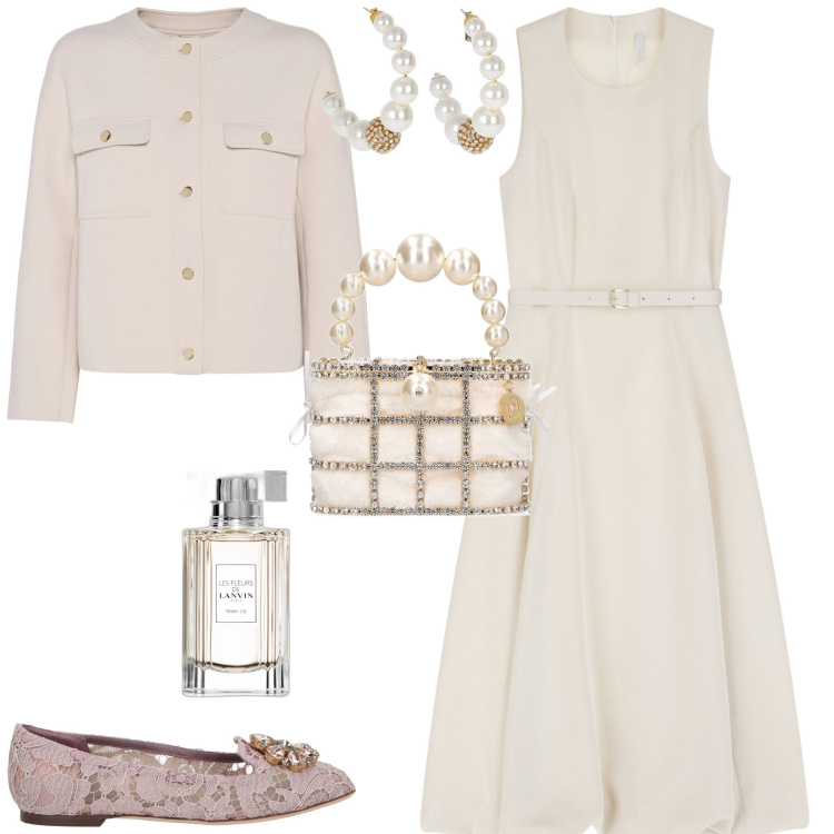 Outfit donna - Cerimonia evento serata speciale. Stile Bon Ton per Cerimonia. Abbinamento con mocassini, profumi, vestiti midi/longuette, blazer, orecchini, pochette.
