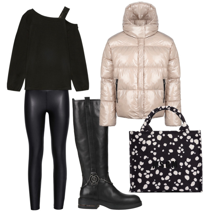 Outfit donna - Leggins versatile. Stile Casual per Tutti i giorni. Abbinamento con leggings, stivali, blazer, top, shopping bag.