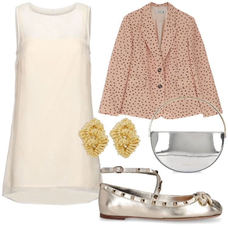 Outfit donna - Ballerine borchiate. Stile Bon Ton per Cerimonia. Abbinamento con blazer, vestiti corti, ballerine, pochette, orecchini.