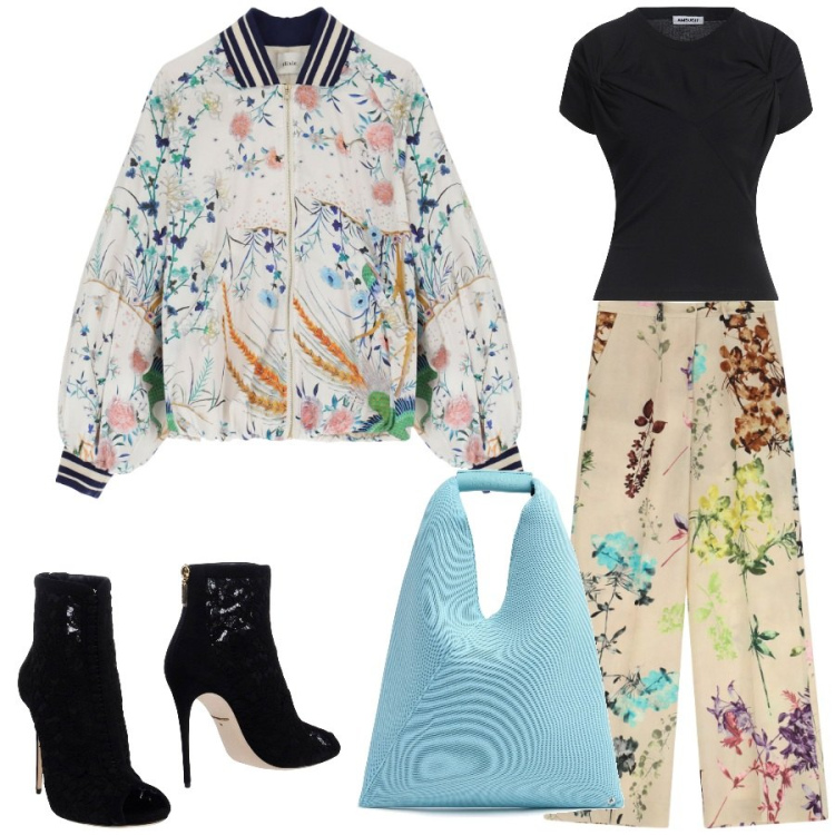 Outfit donna - Flower power. Stile Romantica per Tutti i giorni. Abbinamento con stivaletti, t-shirt, pantaloni a palazzo, bomber, borse a mano.