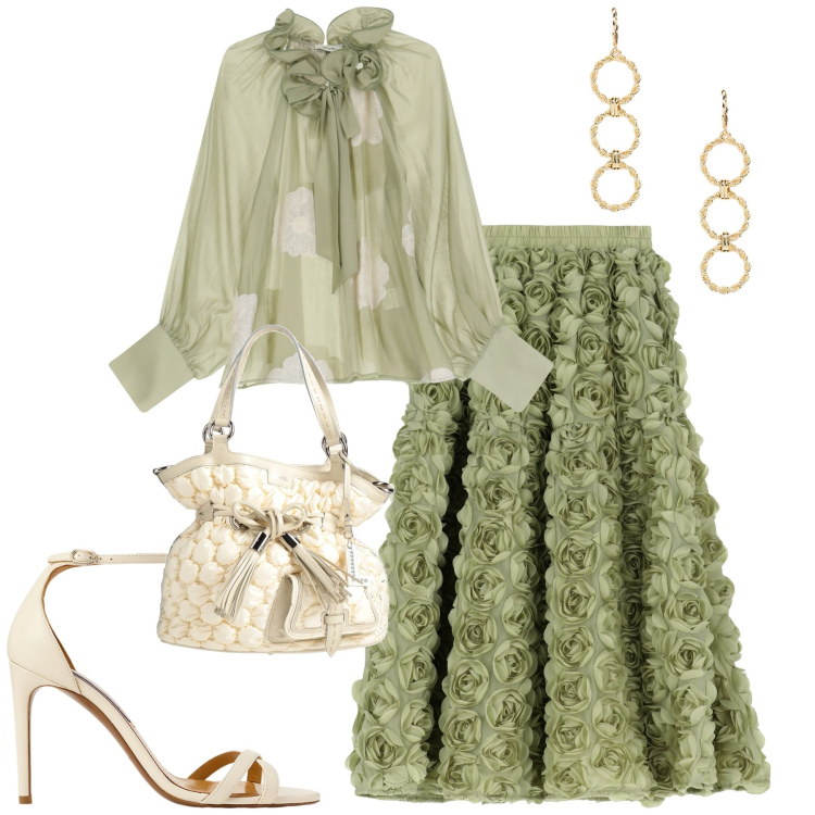 Outfit donna - Super chic. Stile Glamour per Cerimonia. Abbinamento con borse a secchiello, gonne, bluse, sandali col tacco, orecchini.