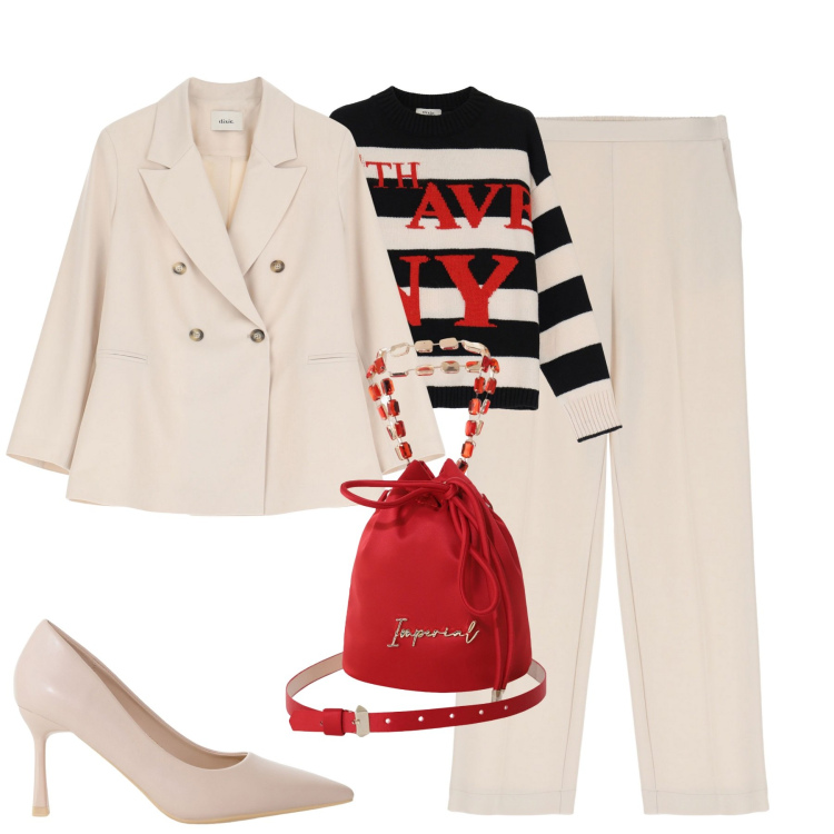 Outfit donna - Early spring. Stile Urban per Tutti i giorni. Abbinamento con borse a secchiello, décolleté, pantaloni, blazer, maglieria.