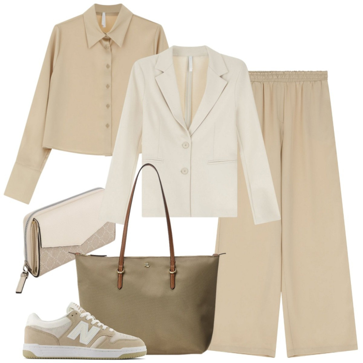 Outfit donna - Imperial ss25. Stile Mannish per Ufficio. Abbinamento con sneakers, pantaloni a palazzo, blazer, camicie, borse tote, portafogli.