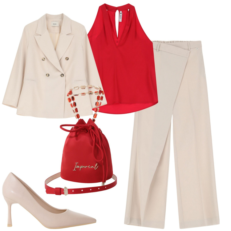 Outfit donna - City. Stile Urban per Tutti i giorni. Abbinamento con pantaloni, top, borse a secchiello, décolleté, blazer.