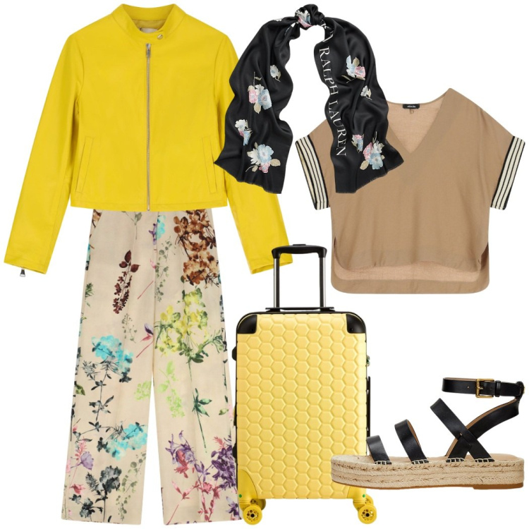 Outfit donna - Viaggio a Siviglia. Stile Chic per Tutti i giorni. Abbinamento con pantaloni a palazzo, giacche, t-shirt, foulard, espadrillas, valigie.