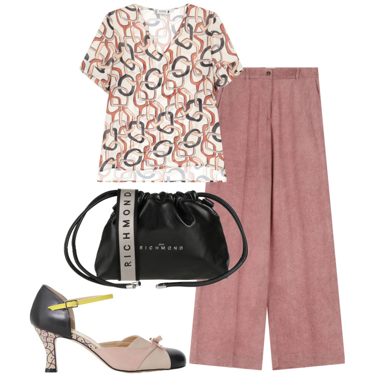 Outfit donna - City. Stile Urban per Tutti i giorni. Abbinamento con borse a tracolla, pantaloni a palazzo, t-shirt, décolleté.