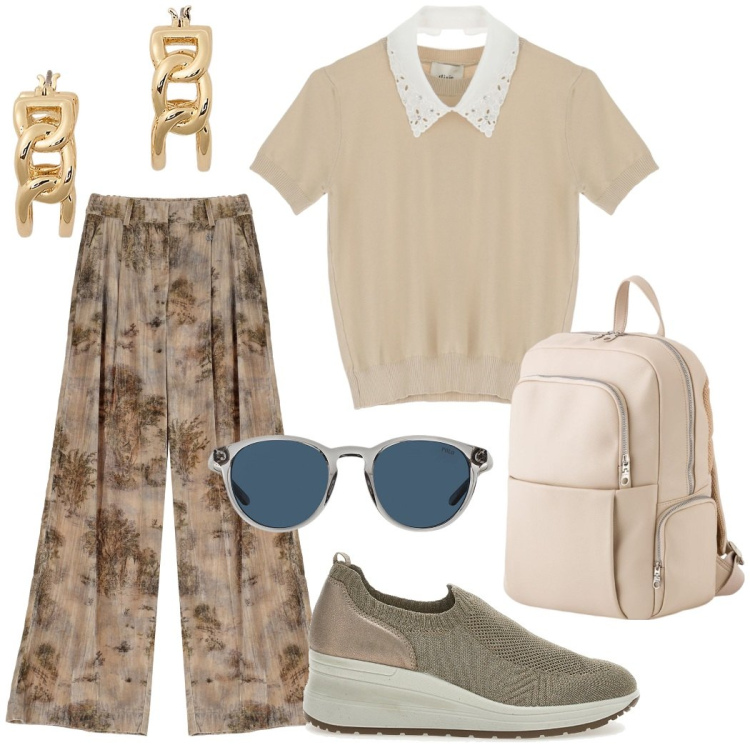 Outfit donna - Sognando Siviglia. Stile Urban per Tutti i giorni. Abbinamento con maglieria, pantaloni, occhiali da sole, orecchini, scarpe stringate, zaini.