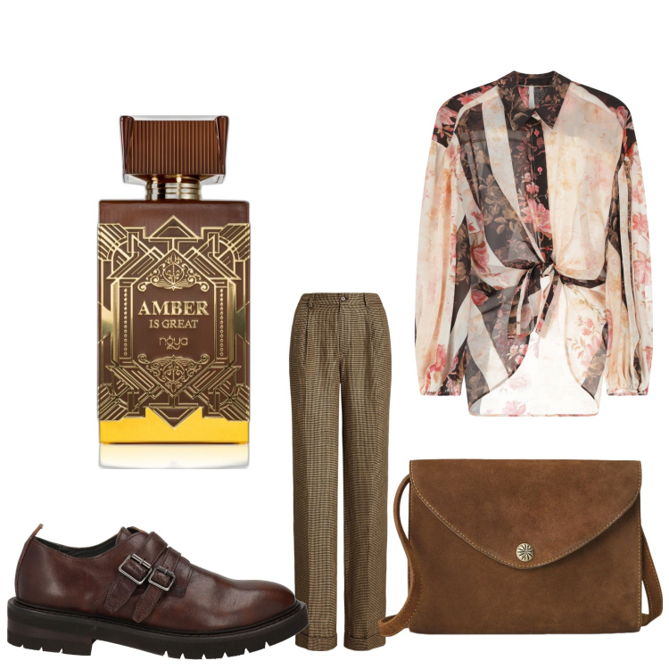 Outfit donna - Ambra e ciliegie. Stile Casual chic per Ufficio. Abbinamento con mocassini, profumi, camicie, borse a tracolla, pantaloni.