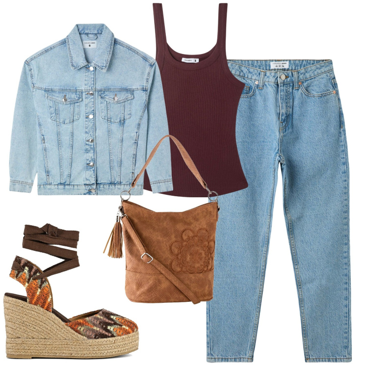 Outfit donna - City. Stile Casual per Tutti i giorni. Abbinamento con borse a mano, jeans mom, cappotti, canottiere, sandali col tacco.