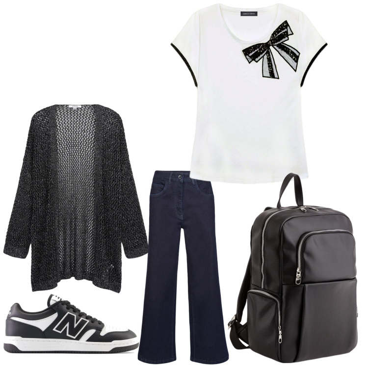 Outfit donna - Con i fiocchi. Stile Casual per Scuola/Università. Abbinamento con t-shirt, kimono, sneakers, pantaloni, zaini.