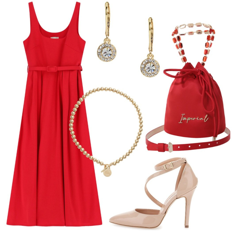 Outfit donna - Serata speciale. Stile Glamour per Serata fuori. Abbinamento con borse a secchiello, vestiti midi/longuette, collane, orecchini, décolleté.