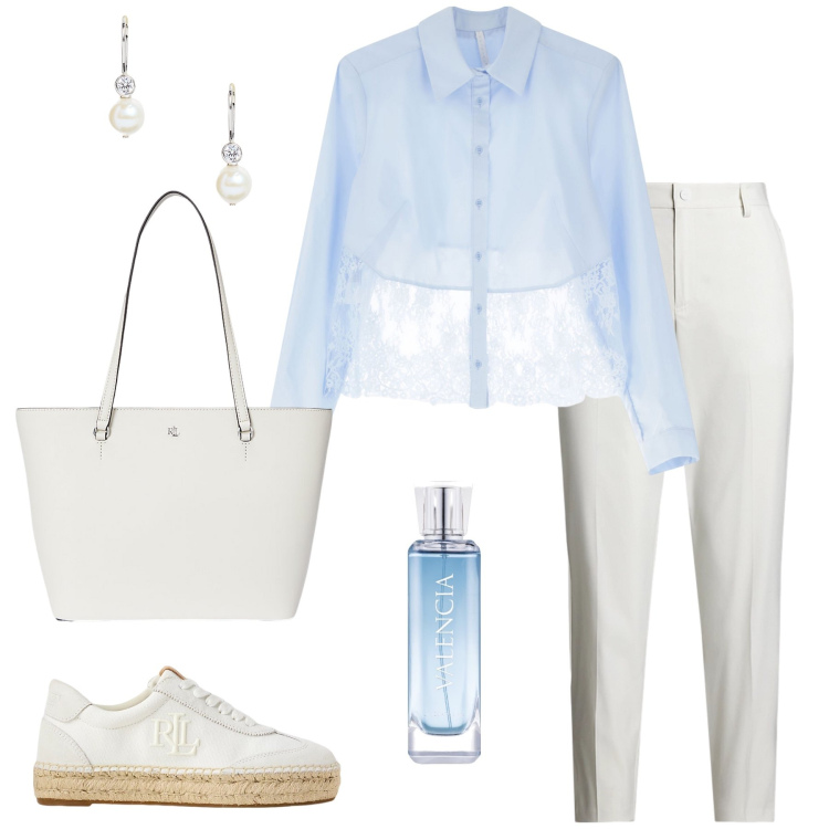 Outfit donna - Camicia con pizzo. Stile Casual chic per Tutti i giorni. Abbinamento con profumi, camicie, sneakers, pantaloni, orecchini, borse tote.