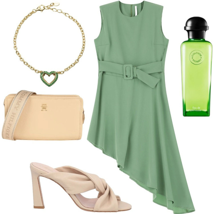 Outfit donna - L\'abito asimmetrico. Stile Chic per Cerimonia. Abbinamento con sandali in pelle, borse a tracolla, profumi, braccialetti, vestiti corti.