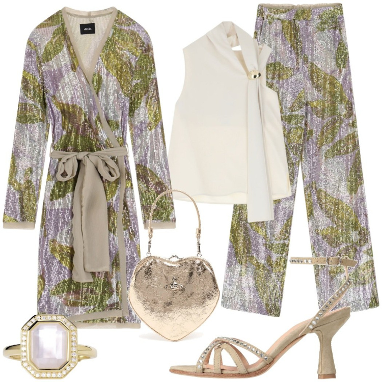 Outfit donna - Il completo luminoso da sera. Stile Glamour per Serata fuori. Abbinamento con sandali in pelle, anelli, top, trench, pantaloni a palazzo, pochette.