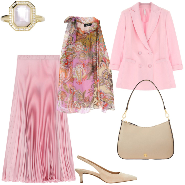 Outfit donna - Rosa pastello a primavera. Stile Romantica per Cerimonia. Abbinamento con anelli, gonne lunghe, blazer, top, borse a spalla, décolleté.