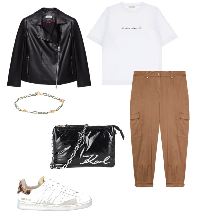 Outfit donna - Aria di primavera. Stile Urban per Tutti i giorni. Abbinamento con borse a mano, sneakers, braccialetti, t-shirt, blazer, pantaloni cargo.