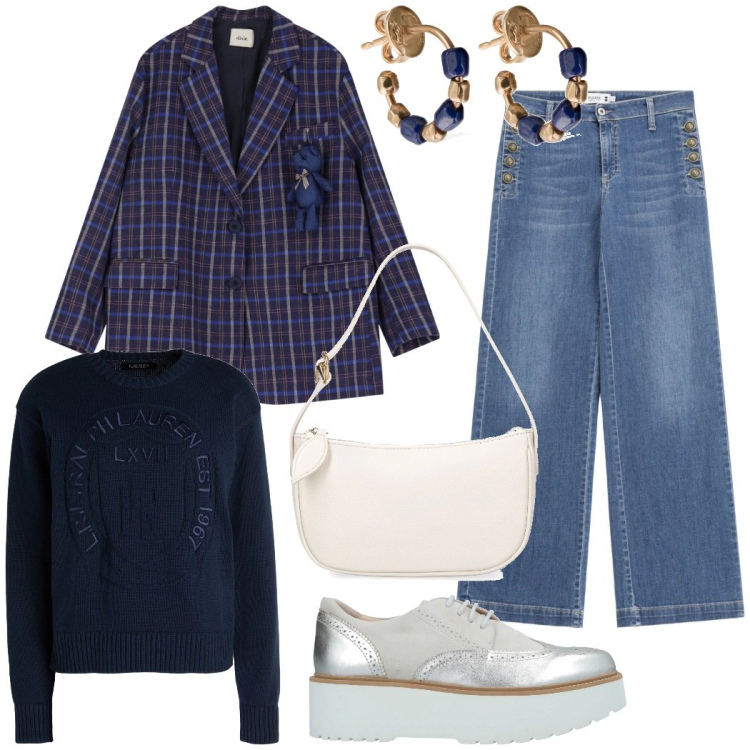 Outfit donna - Pomeriggio libero. Stile Urban per Tutti i giorni. Abbinamento con scarpe stringate, pullovers, blazer, jeans a zampa, orecchini, borse a spalla.