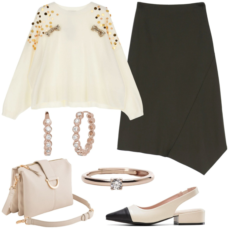 Outfit donna - Verde bosco e crema. Stile Casual chic per Tutti i giorni. Abbinamento con décolleté, orecchini, anelli, gonne, maglieria, borse a tracolla.