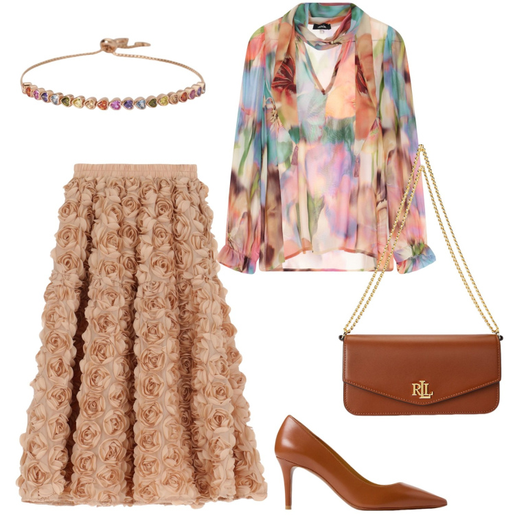 Outfit donna - Dixie: la gonna in 3D. Stile Bon Ton per Cerimonia. Abbinamento con braccialetti, camicie, gonne, décolleté, borse a spalla.