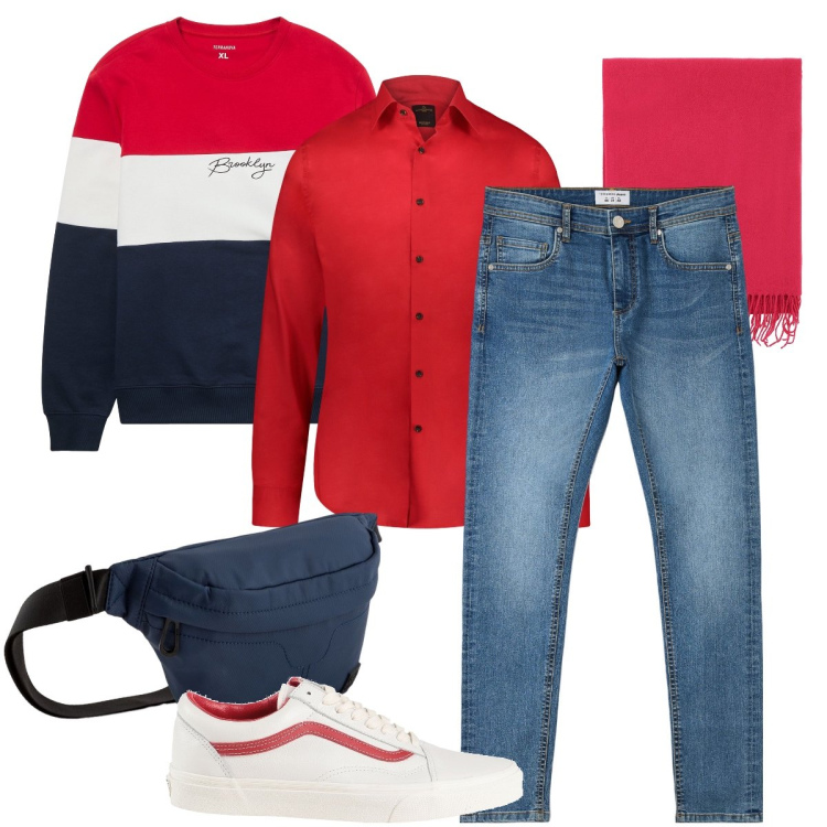 Outfit uomo - Dettagli rossi. Stile Urban per Tutti i giorni. Abbinamento con sneakers, felpe, jeans skinny, cappelli, camicie, borse sportive.