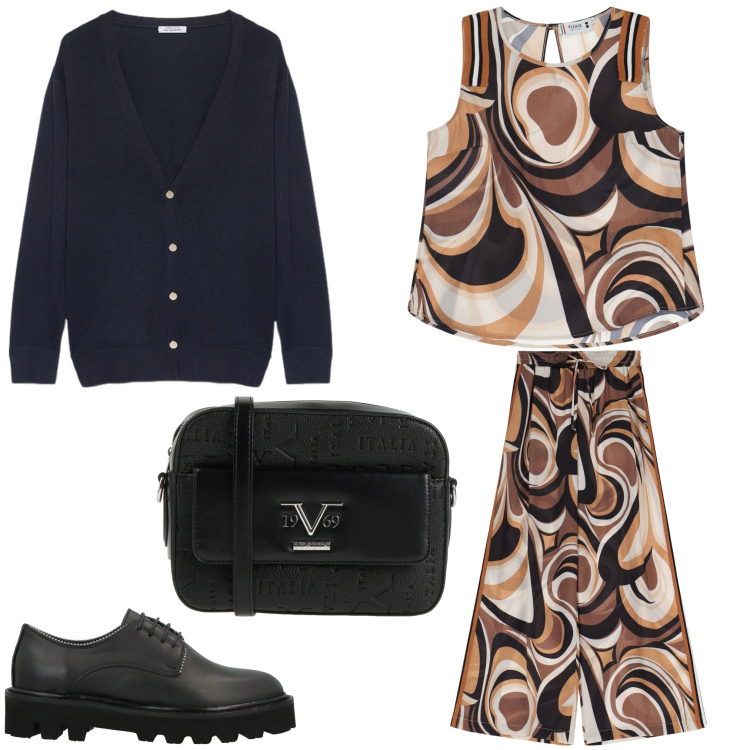 Outfit donna - Geometrie. Stile Casual chic per Serata fuori. Abbinamento con borse a tracolla, scarpe stringate, pantaloni, top, cardigans.
