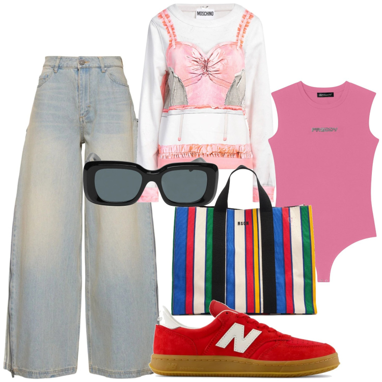 Outfit donna - Shopping bag a righe. Stile Casual chic per Tutti i giorni. Abbinamento con felpe, occhiali da sole, sneakers, body, shopping bag, pantaloni.