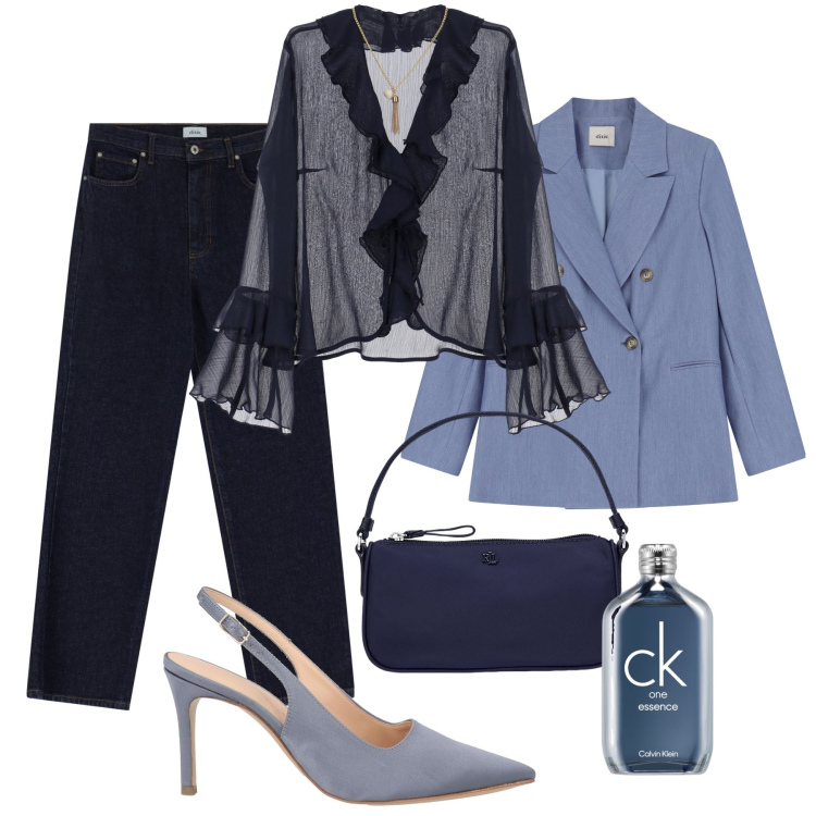 Outfit donna - Trasparenze e volant sui jeans. Stile Casual chic per Ufficio. Abbinamento con décolleté, profumi, bluse, jeans dritti, blazer, pochette.