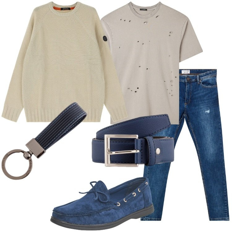 Outfit uomo - Ritorno del suede. Stile Casual per Tutti i giorni. Abbinamento con scarpe stringate, t-shirt, jeans strappati, maglieria, cinture, portachiavi.