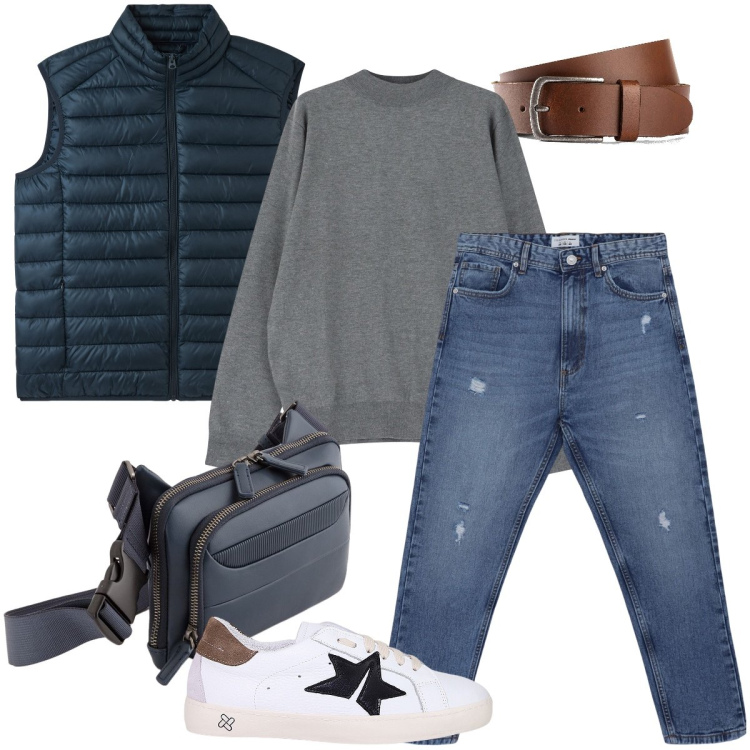 Outfit uomo - Piccoli strappi. Stile Urban per Tutti i giorni. Abbinamento con cinture, jeans strappati, gilet, sneakers, maglieria, borse sportive.