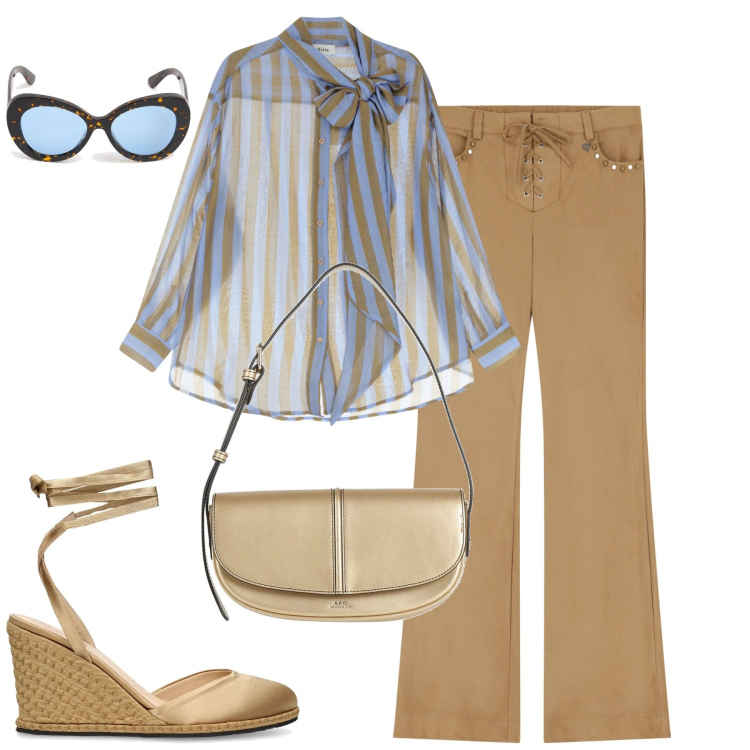 Outfit donna - Total look #2083139. Stile Urban per Tutti i giorni. Abbinamento con borse a mano, pantaloni, camicie, zeppe, occhiali da sole.