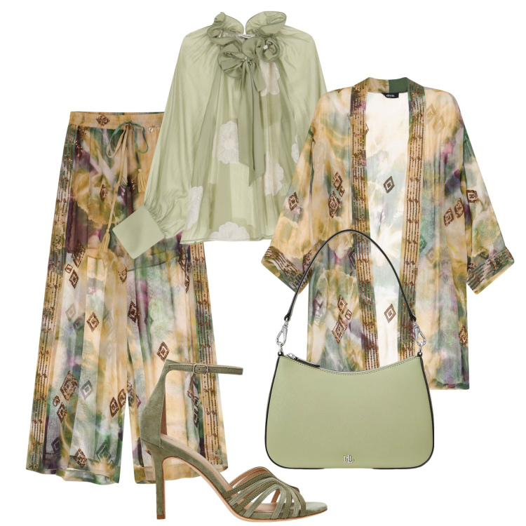 Outfit donna - Serata Siviglia. Stile Etnico per Serata fuori. Abbinamento con pantaloni a palazzo, bluse, trench, sandali in pelle, borse a spalla.