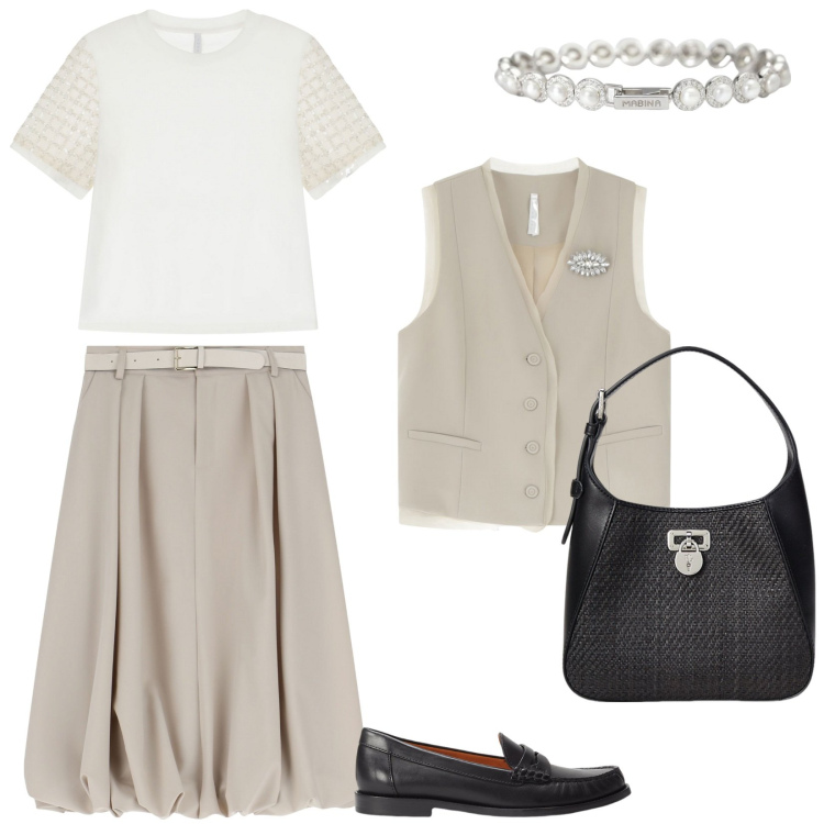 Outfit donna - In ufficio con Imperial. Stile Bon Ton per Ufficio. Abbinamento con braccialetti, gonne longuette, t-shirt, gilet, mocassini, borse a tracolla.