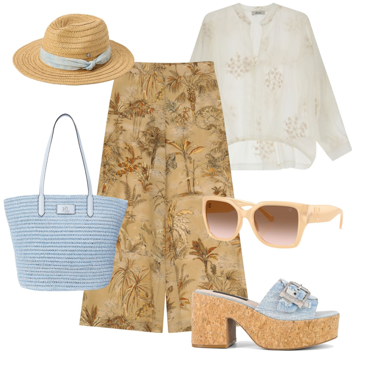 Outfit donna - Sognando l’estate Siviglia. Stile Casual chic per Tutti i giorni. Abbinamento con pantaloni a palazzo, camicie, occhiali da sole, borse tote, cappelli, sandali.