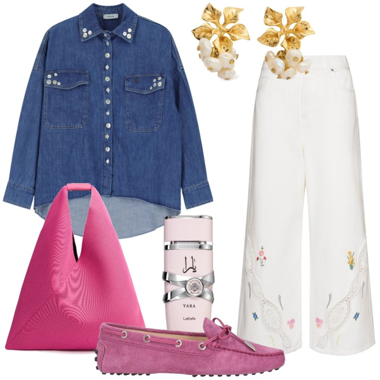 Outfit donna - La camicia in denim. Stile Casual chic per Ufficio. Abbinamento con mocassini, profumi, camicie, pantaloni, orecchini, shopping bag.
