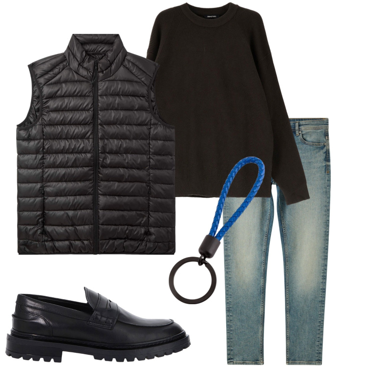Outfit uomo - In città. Stile Casual per Tutti i giorni. Abbinamento con piumini, jeans skinny, scarpe stringate, pullovers, portachiavi.